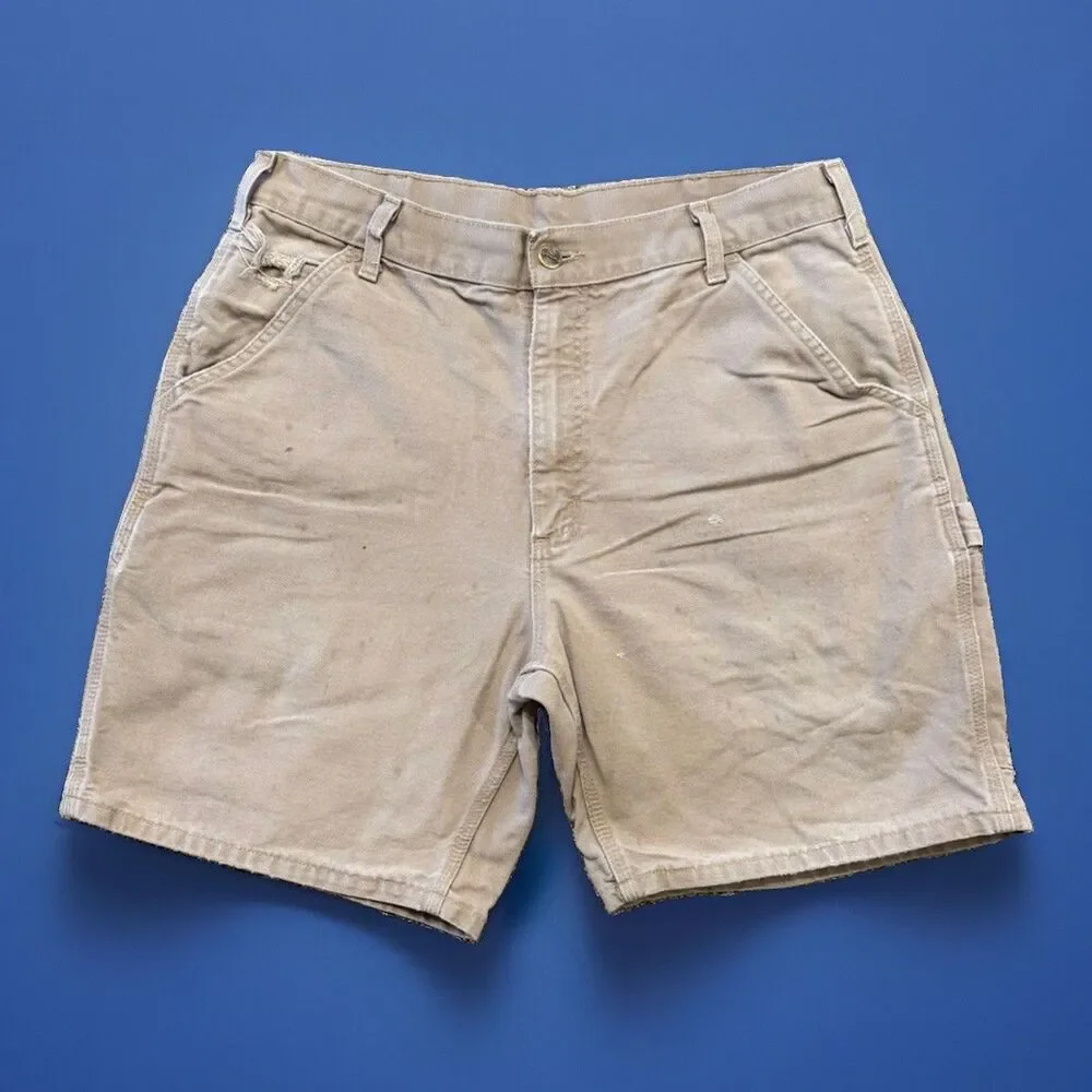 Vintage CARHARTT B25 DES Carpenter Canvas LEATHER PATCH Shorts Sz 32/34 USA MADE